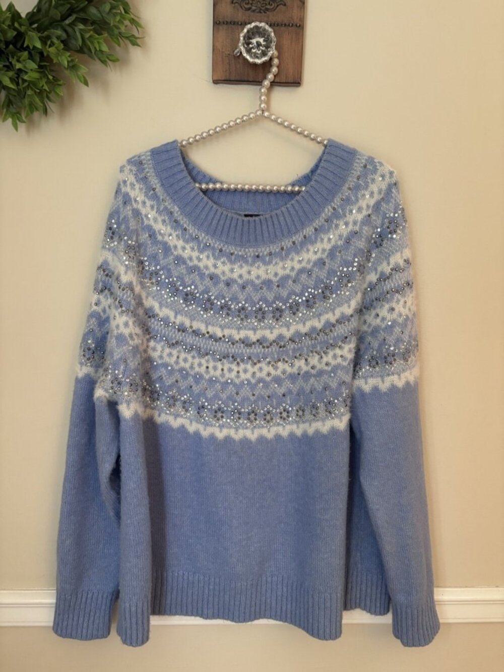 Talbots Womens Size 2X Blue Fair Isle Sweater Sparkle Sequins